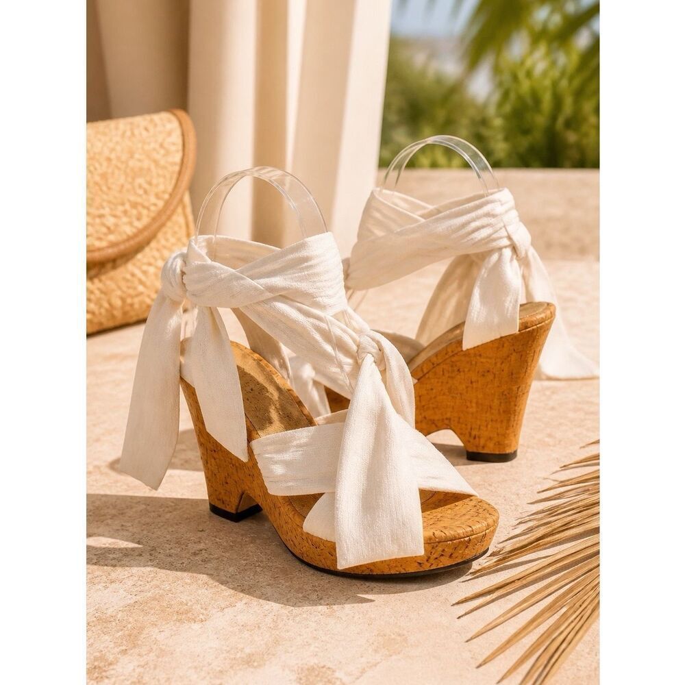 CORK WEDGE SHOES 4” HEELS WITH WHITE COTTON STRAPS SIZE 8 EUC